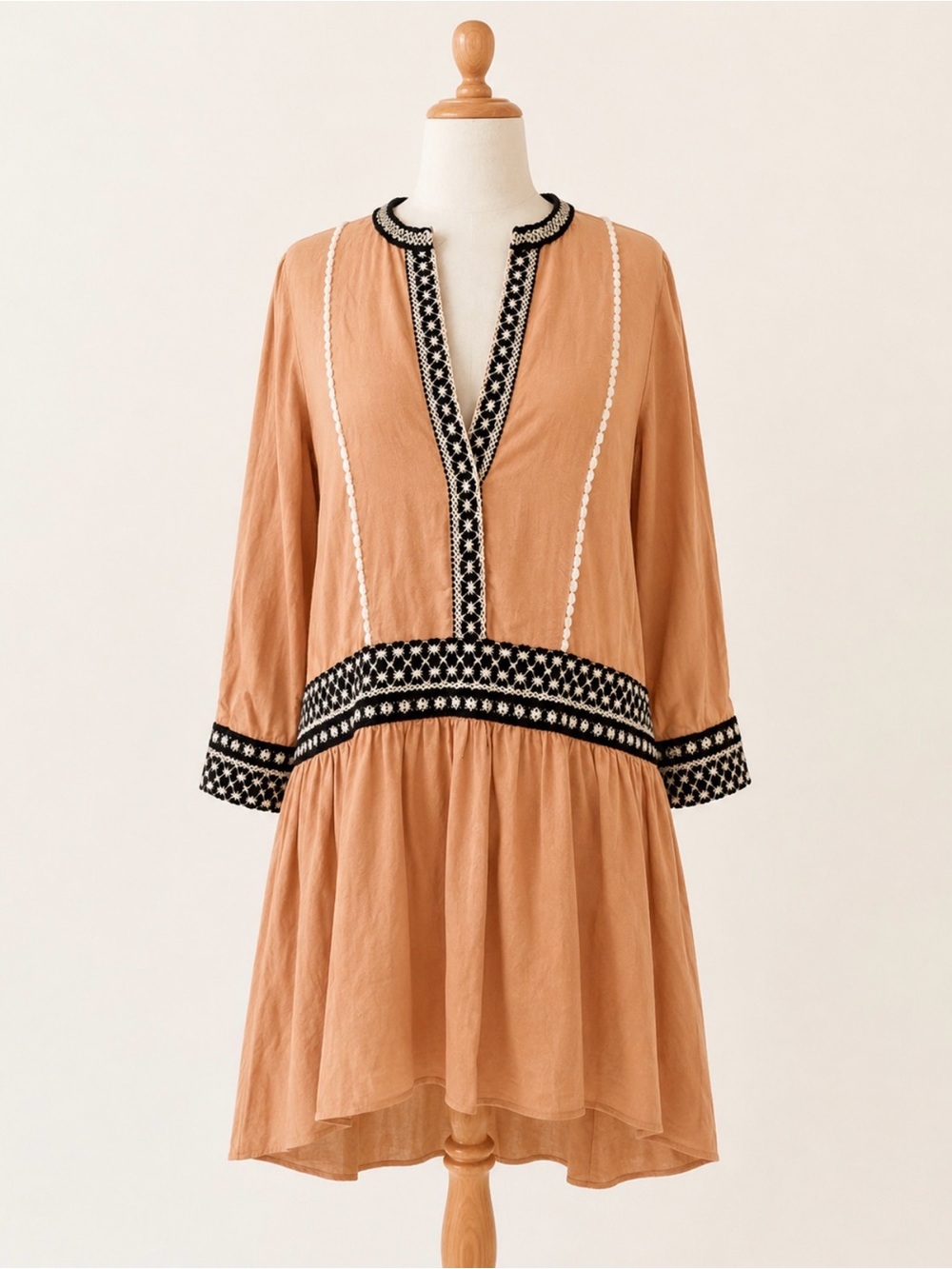 Zara Linen Blend Embroidered Tunic Dress Large Boho Hi-Low Beige Burnt Orange - Picture 2 of 11
